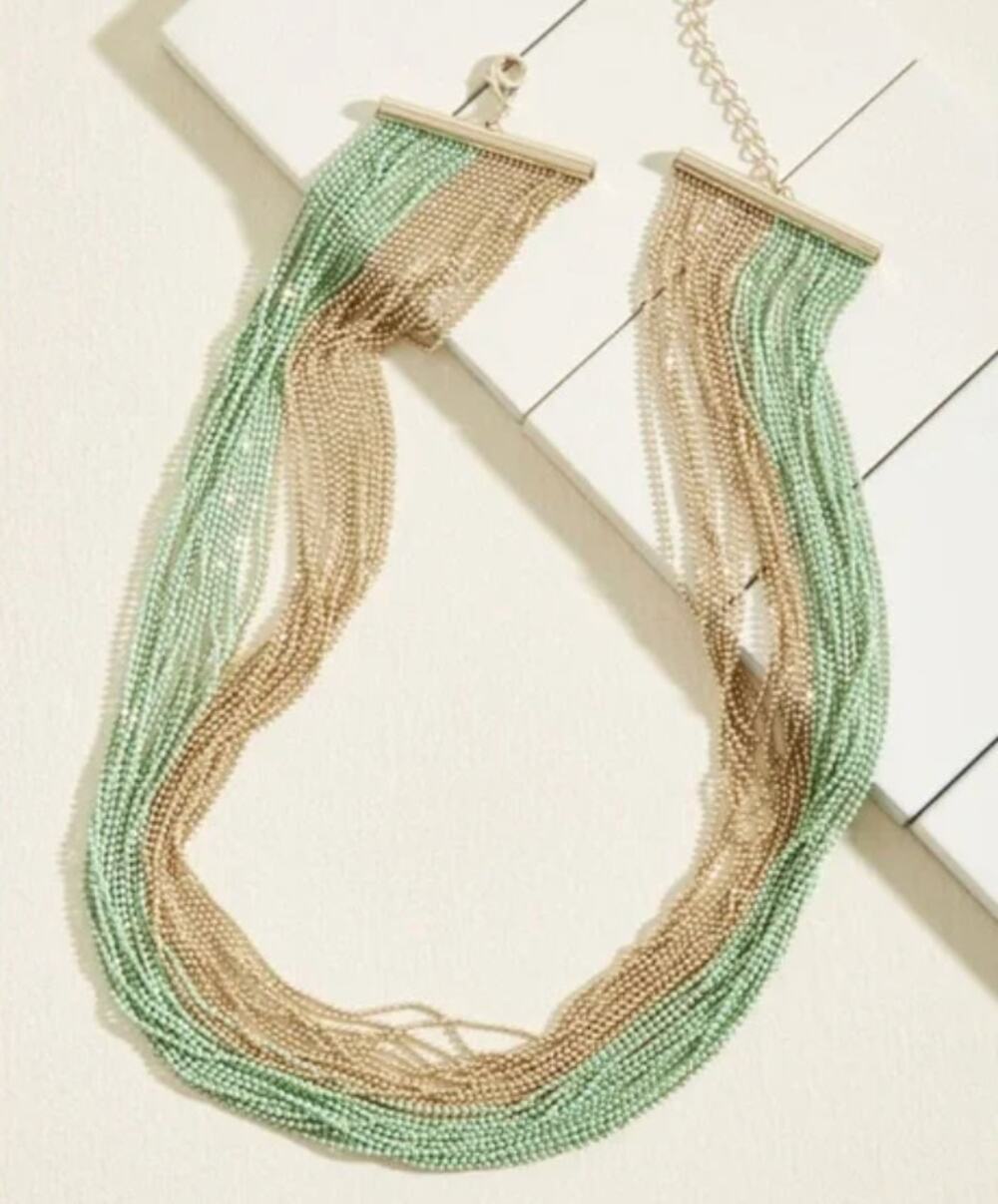 ModCloth Chain Arrangement Necklace Mint Green Gold Tone Layered Statement